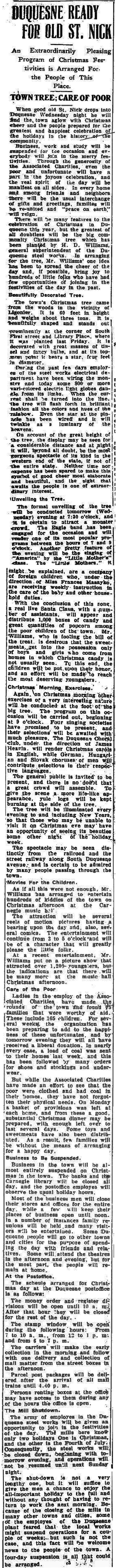 Christmas in Duquesne 100 Years Ago